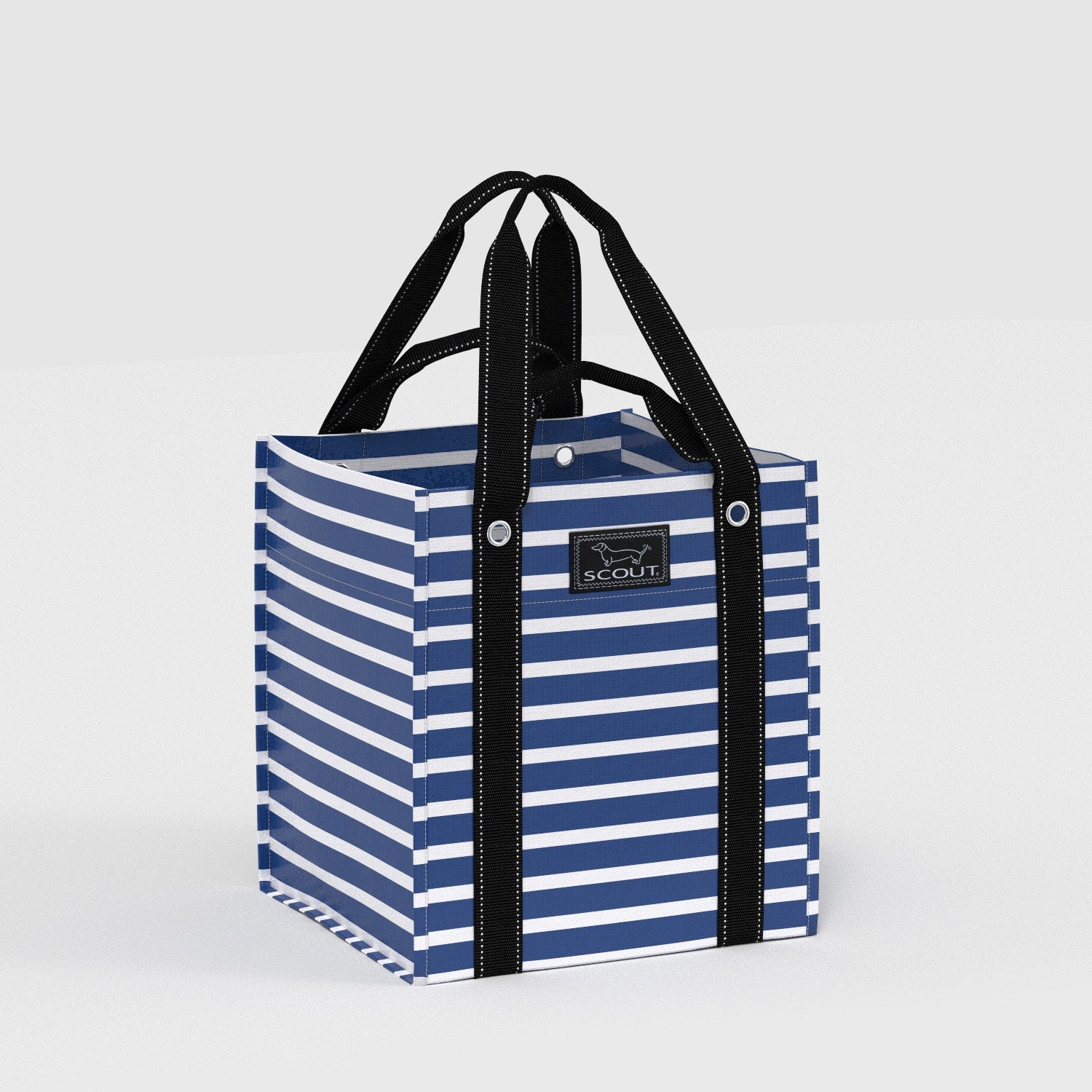 Navy and white striped tote bag with black handles on a white background