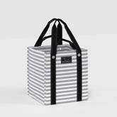 Striped tote bag with black handles on a white background