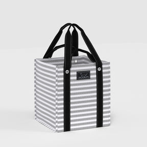 Striped tote bag with black handles on a white background