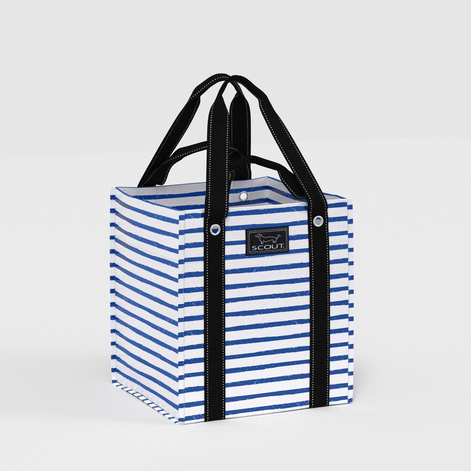Blue and white striped tote bag with black handles on a light gray background