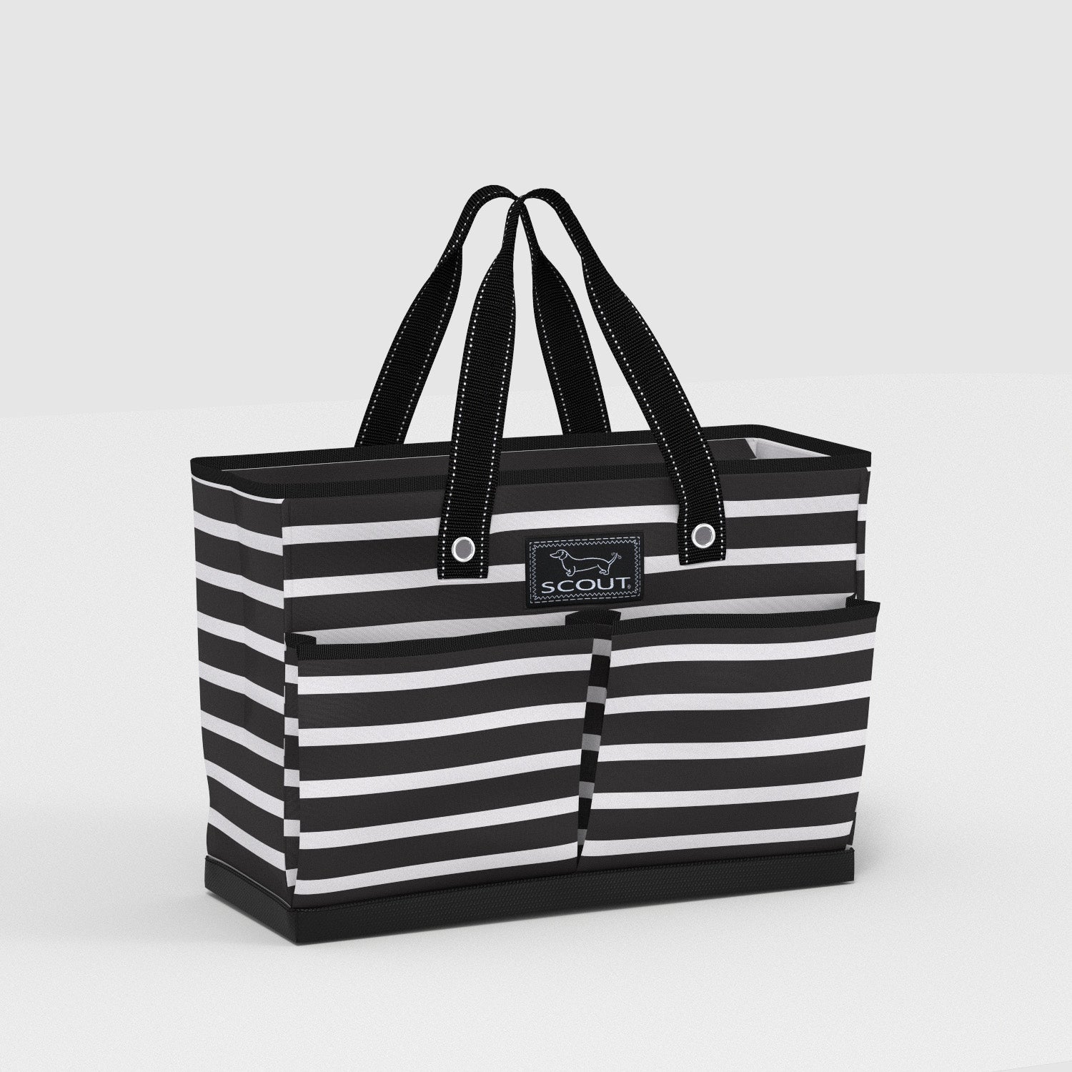 Black and white striped tote bag with 'Scout' logo on a light gray background