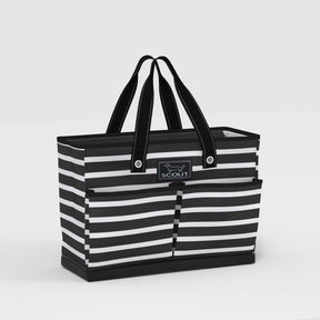 Black and white striped tote bag with 'Scout' logo on a light gray background