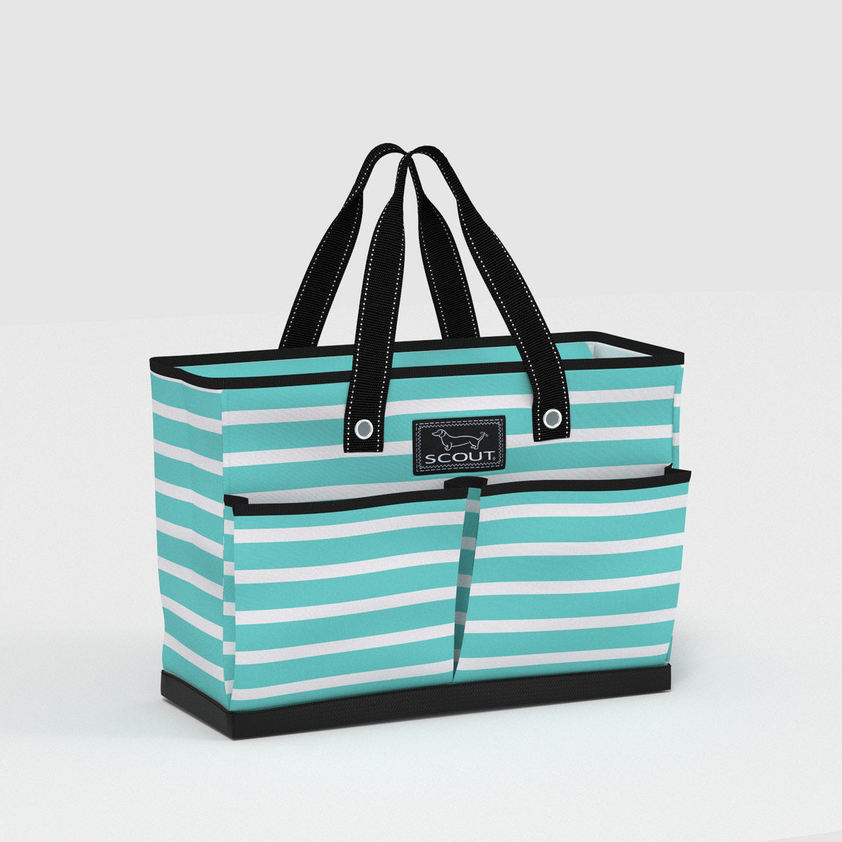 Teal and white striped tote bag with black handles on a light gray background