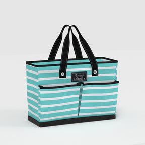Teal and white striped tote bag with black handles on a light gray background
