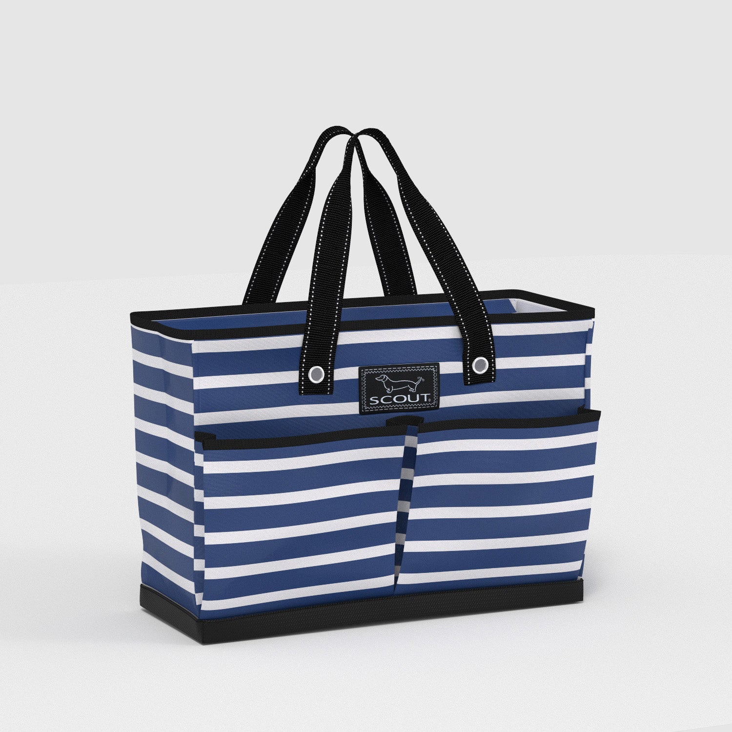 Blue and white striped tote bag with black handles on a light gray background
