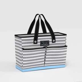 Striped tote bag with black handles on a light gray background