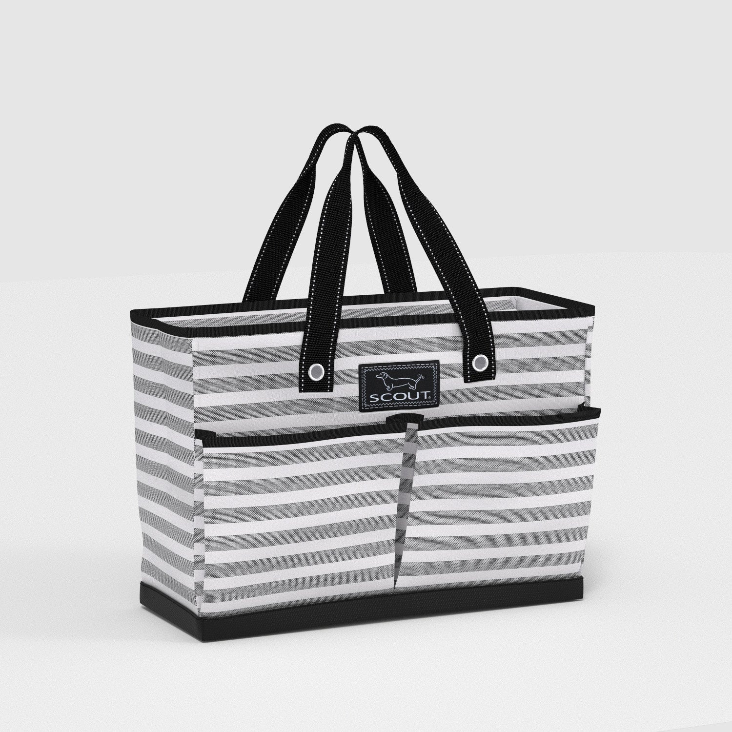 striped tote bag with black SCOUT logo