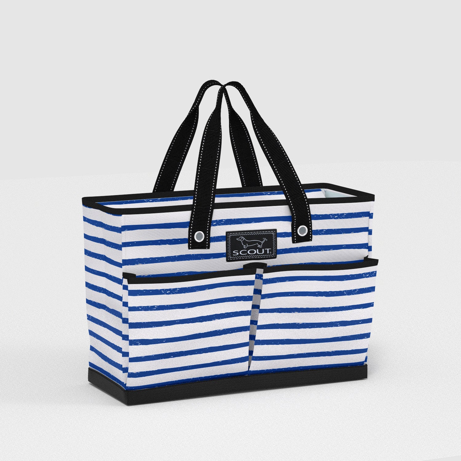 Blue and white striped tote bag with black handles on a light gray background