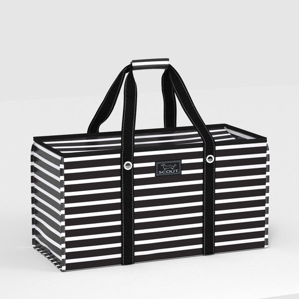 Black and white striped tote bag with 'SCOUT' logo on a light gray background