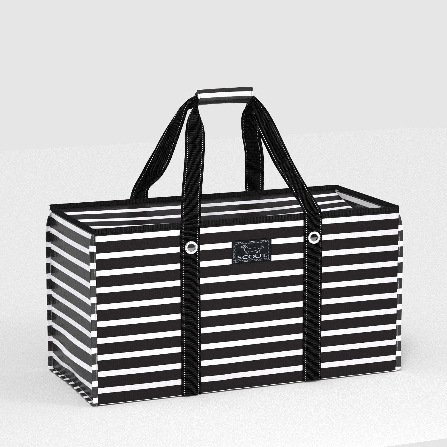 Black and white striped tote bag with 'SCOUT' logo on a light gray background