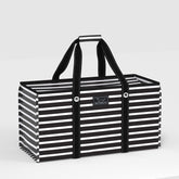 Black and white striped tote bag with 'SCOUT' logo on a light gray background