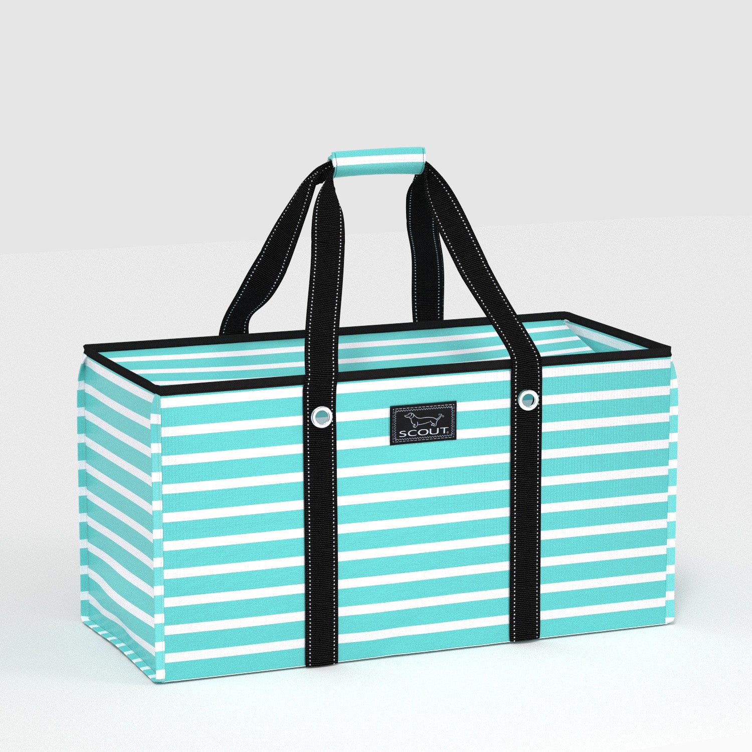 Teal and white striped tote bag with black handles on a light gray background