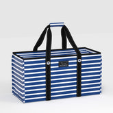 navy and white striped tote bag on gray background
