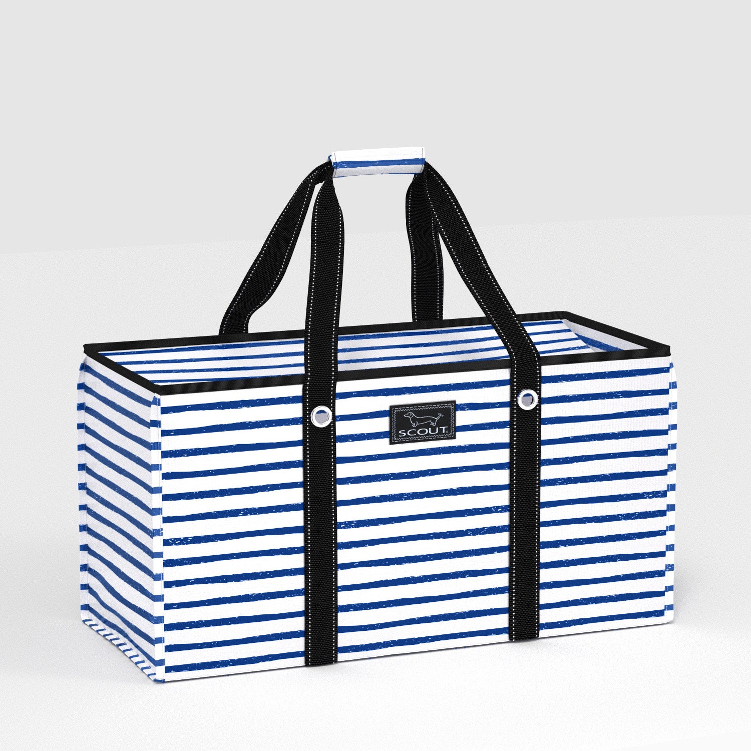 Blue and white striped tote bag with black handles on a light gray background