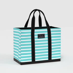 Striped tote bag with black handles on a light gray background