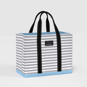 Striped tote bag with black handles on a light gray background