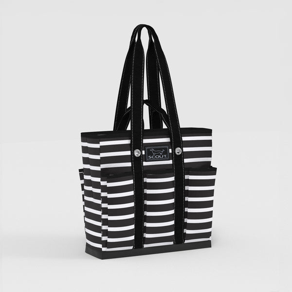 Black and white striped tote bag with 'SCOUT' logo on a light gray background