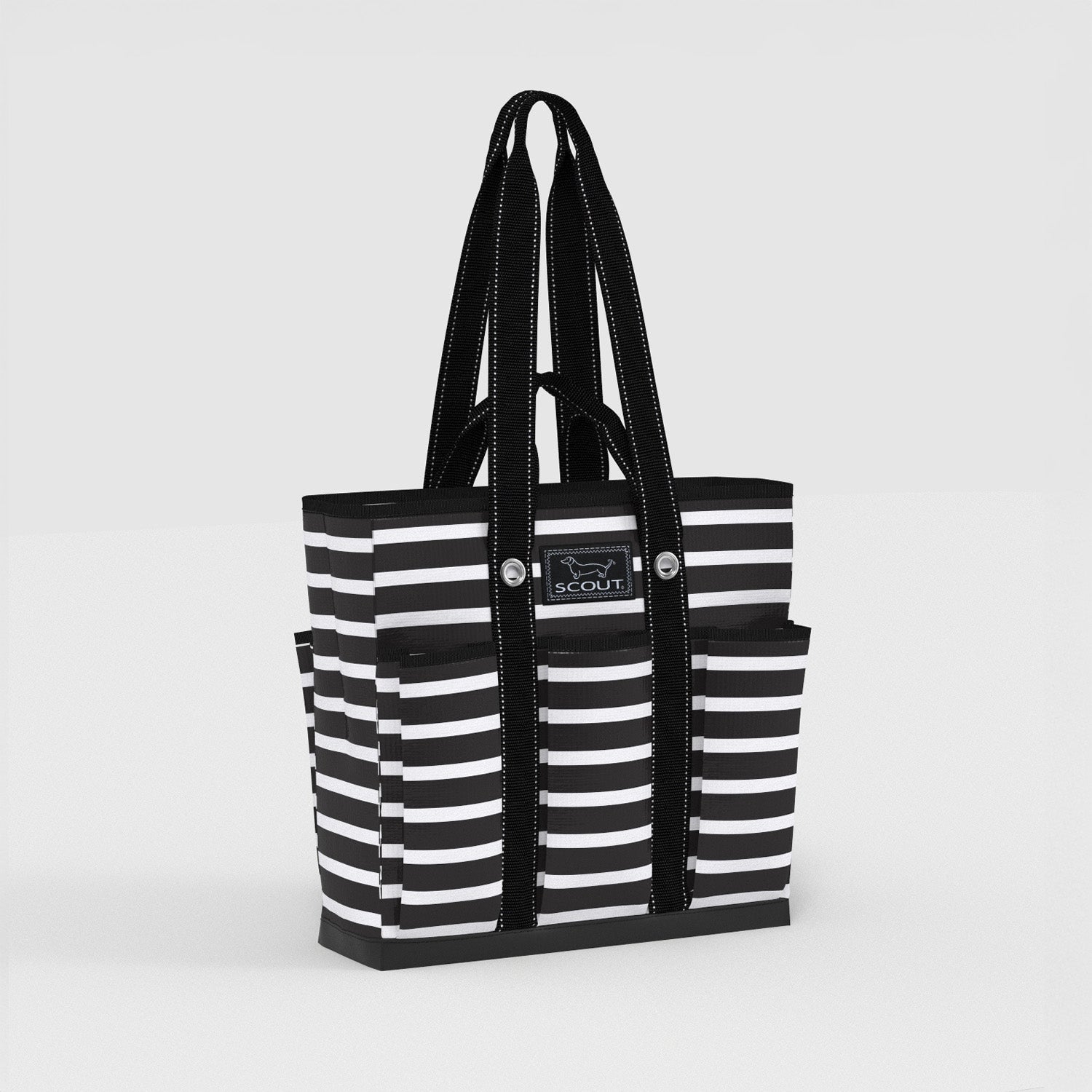 Black and white striped tote bag with 'SCOUT' logo on a light gray background