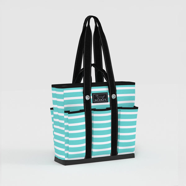 Striped tote bag with black handles on a white background
