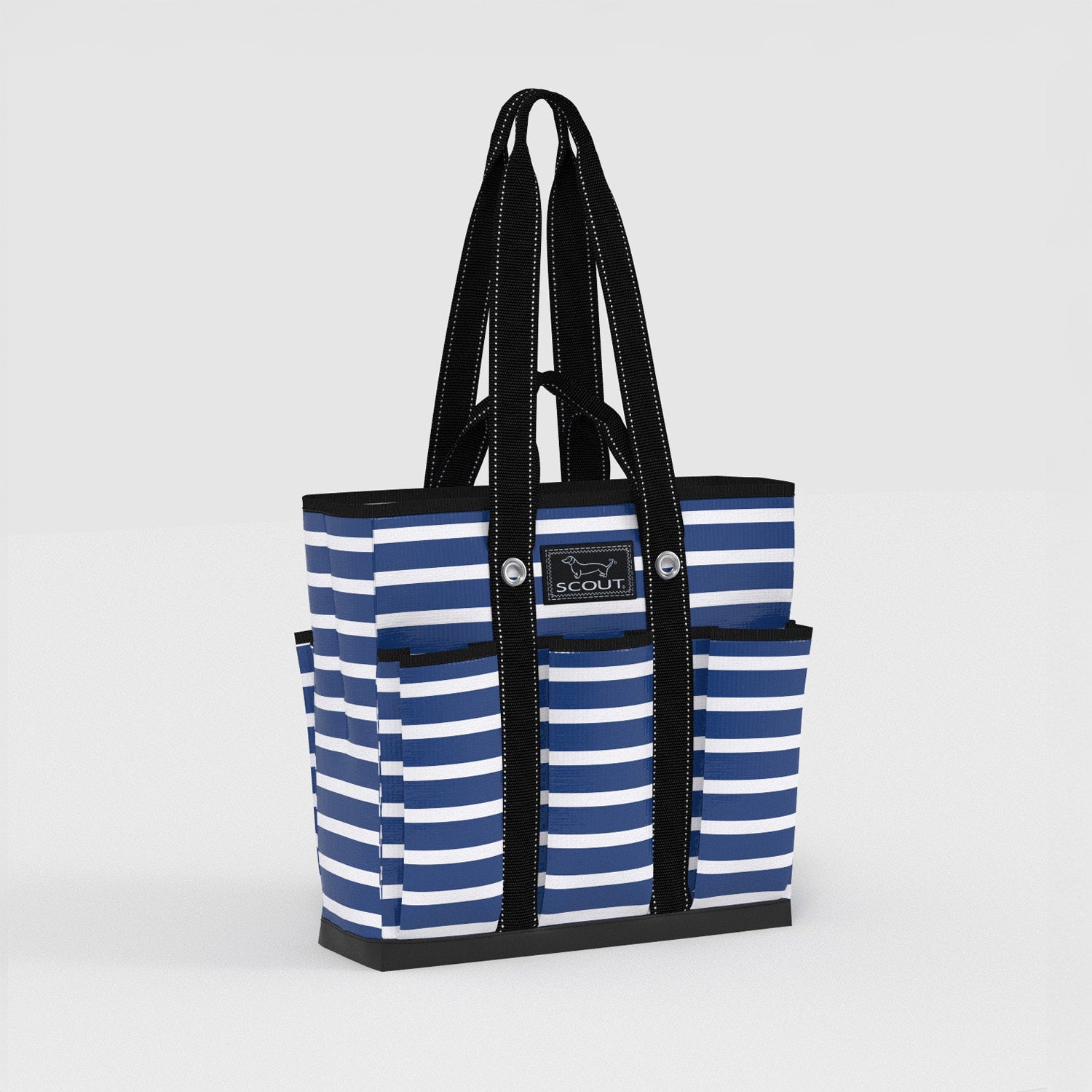 Blue and white striped tote bag with black handles on a light gray background