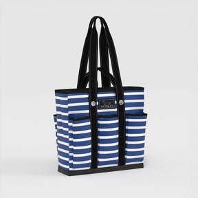 Blue and white striped tote bag with black handles on a light gray background