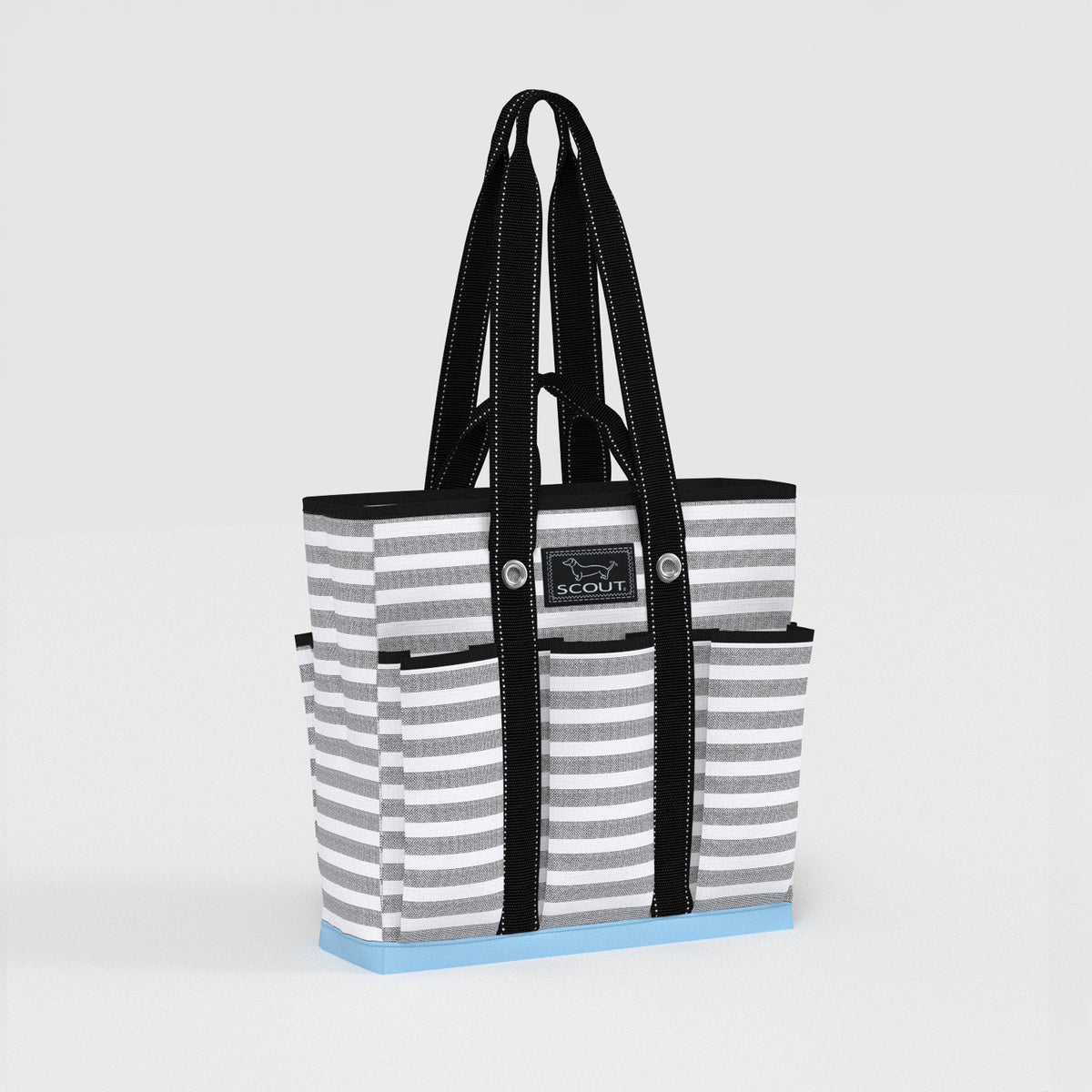 Striped tote bag with black handles on a light gray background