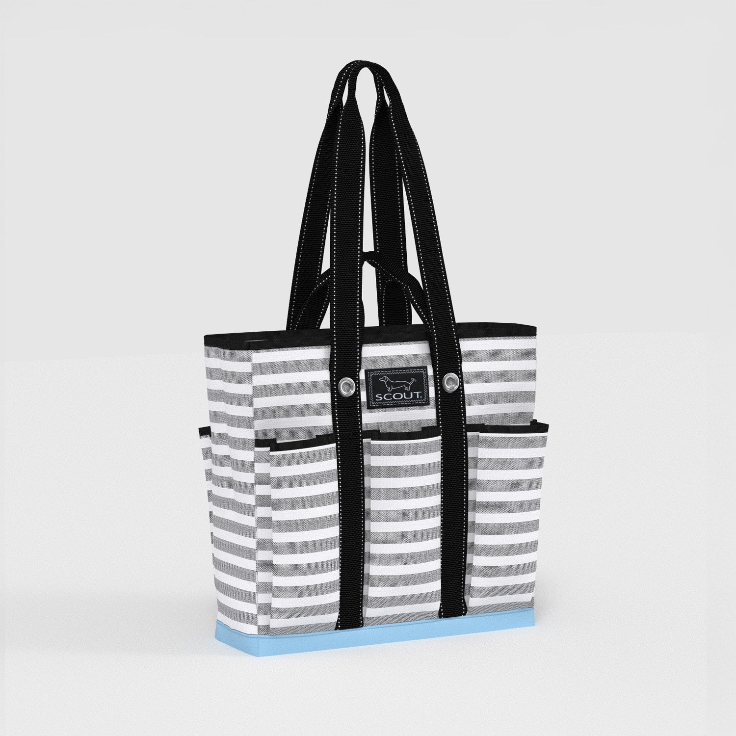 Striped tote bag with black handles on a light gray background