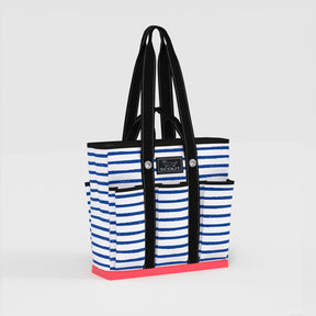 Striped tote bag with black handles on a light gray background