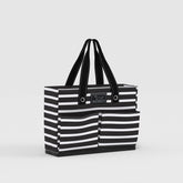 Black and white striped tote bag with 'Scout' branding on a light gray background