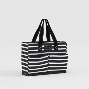 Black and white striped tote bag with 'Scout' branding on a light gray background
