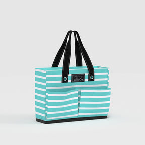 Striped tote bag with black handles on a light gray background