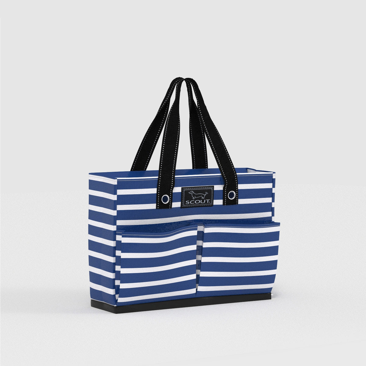 Blue and white striped tote bag with black handles on a light gray background