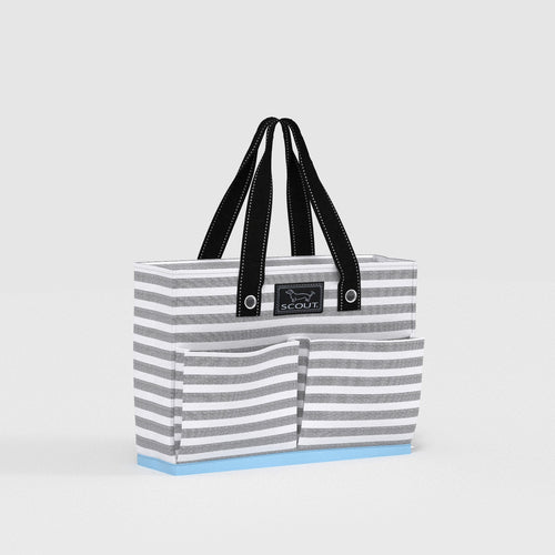 Striped tote bag with black handles on a light gray background