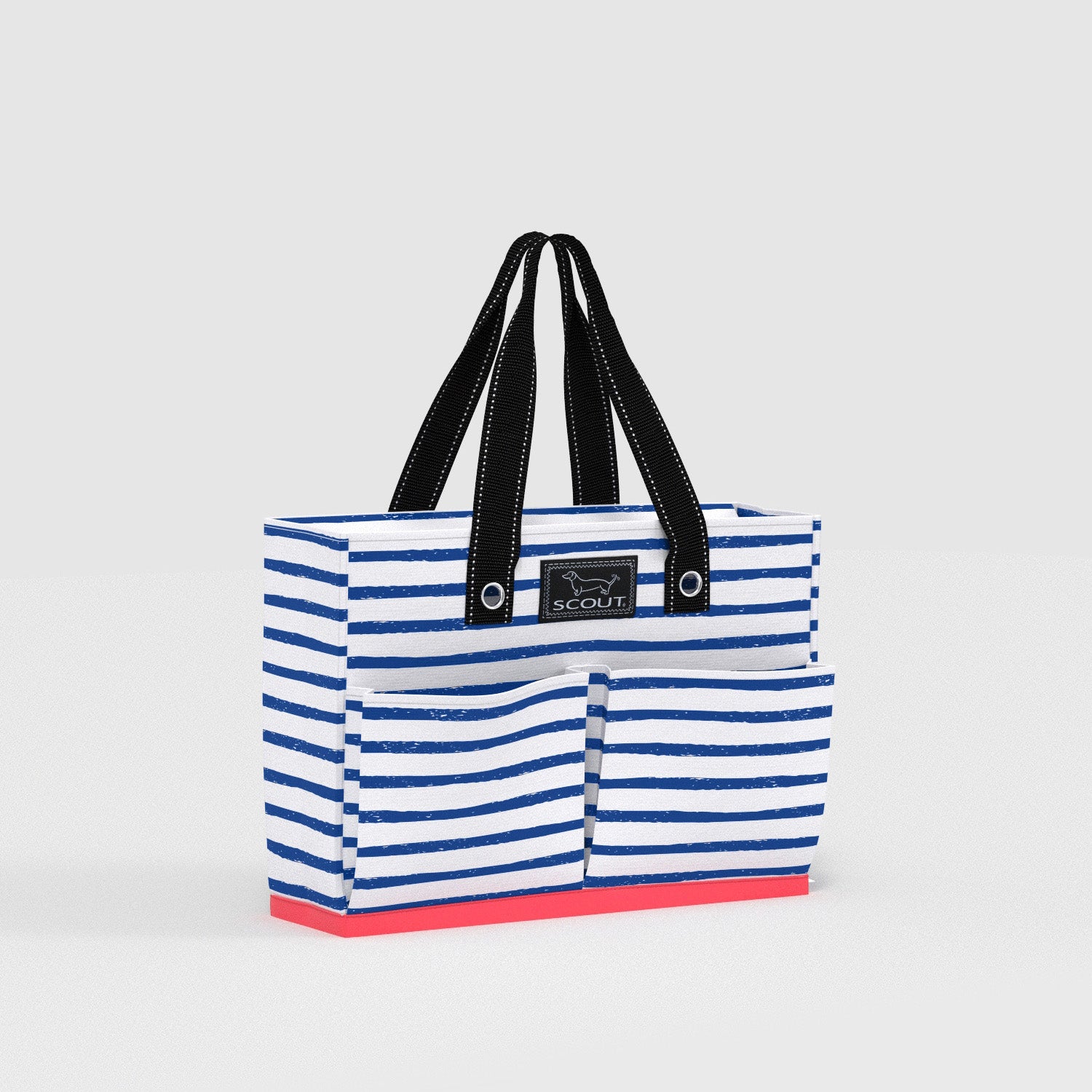 Blue and white striped tote bag with black handles on a light gray background