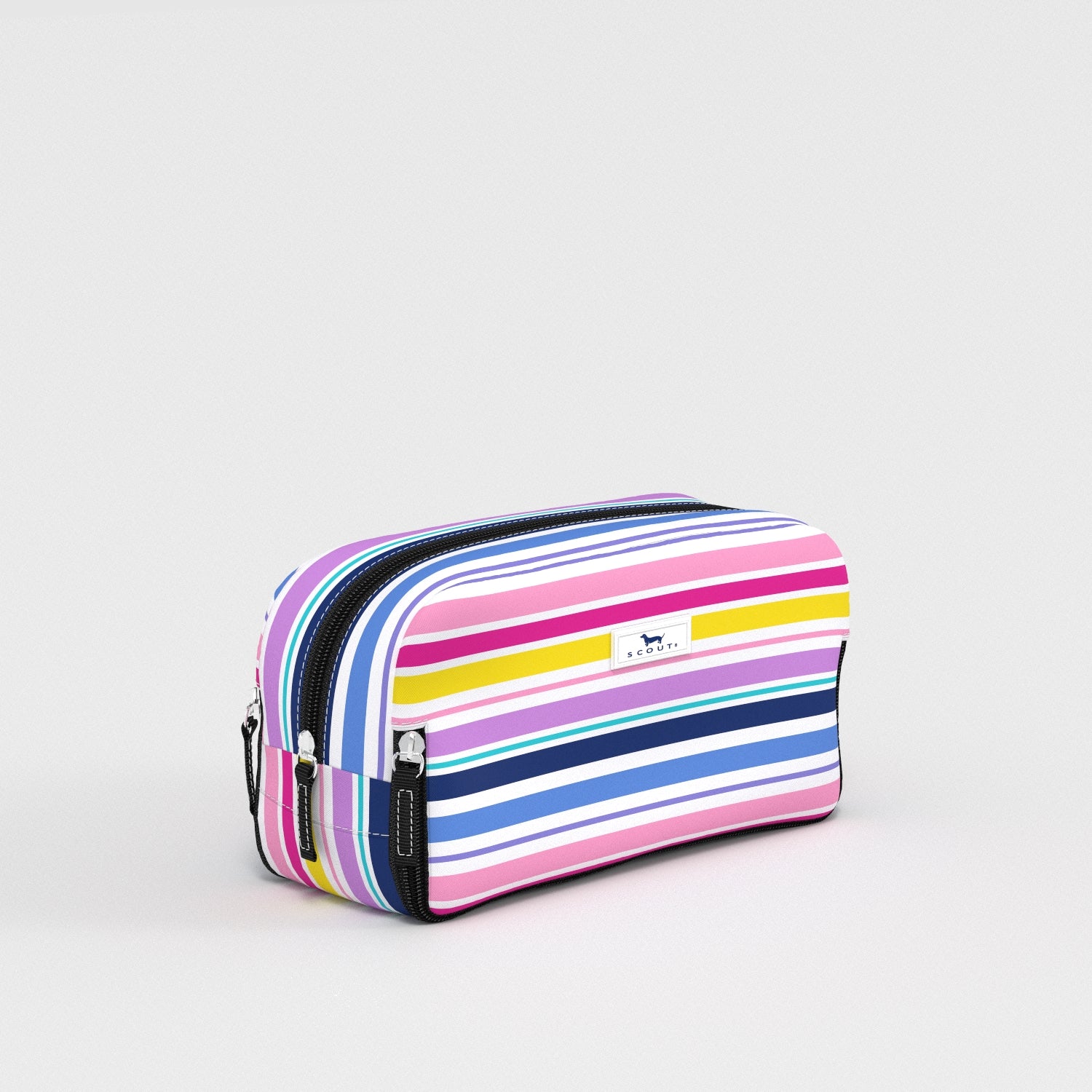 Multicolored striped pouch on a light gray background