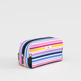 Multicolored striped pouch on a light gray background