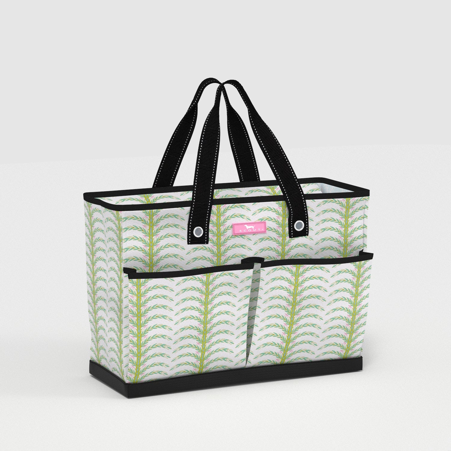 Tote bag with green leaf pattern and black handles on a white background