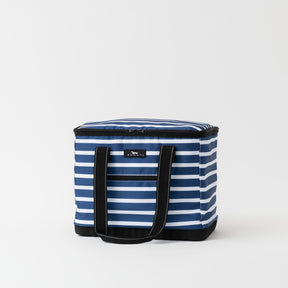 Blue and white striped cooler bag with black handles on a light gray background