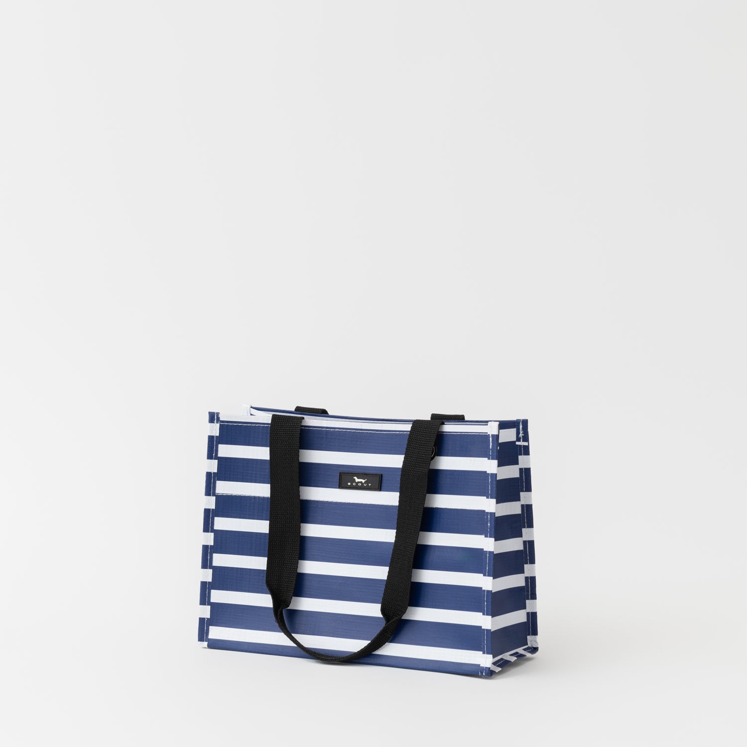 Blue and white striped tote bag with black handles on a light gray background