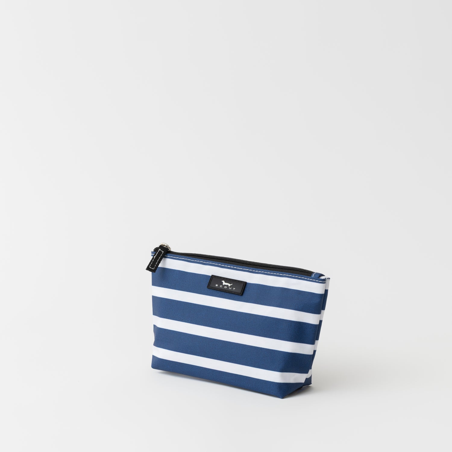 Blue and white striped pouch on a light gray background