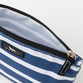 Blue and white striped bag with a visible brand logo on a light gray background
